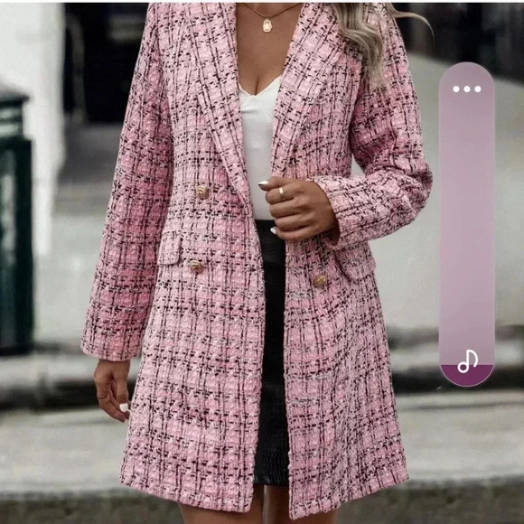 Pink Preppy Womens Plaid Pattern Double Breasted Tweed Overcoat - Picture 2 of 5